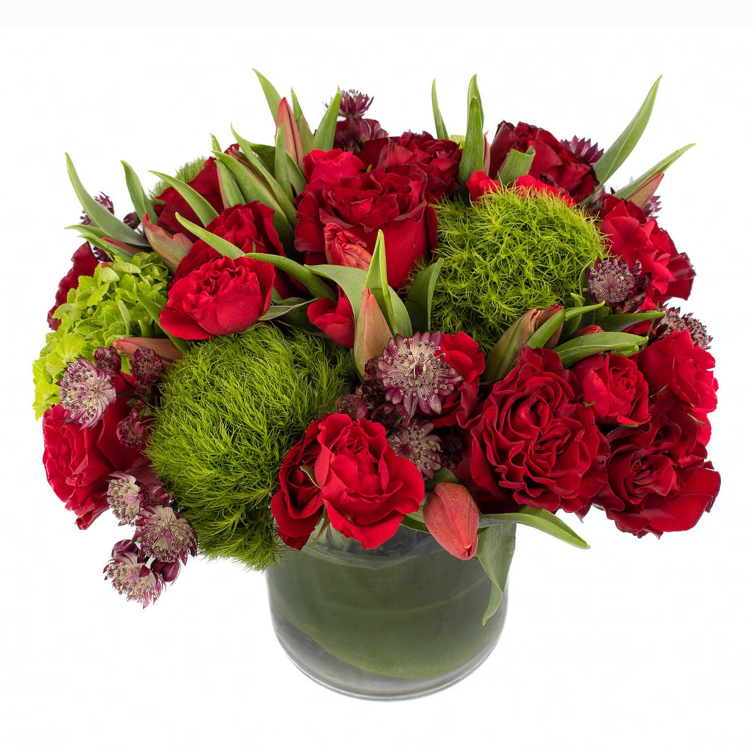 Red and Green Arrangement in a 6x6 Vase